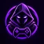 Hooded figure with glowing purple eyes and a purple-outlined game controller inside a neon purple circular frame.