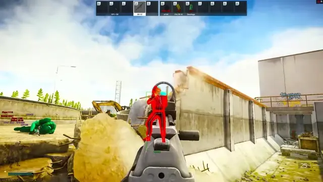 Escape From Tarkov first-person view with player ESP showing red-highlighted figures, skeleton outlines, and distance labels in a sunlit industrial yard.