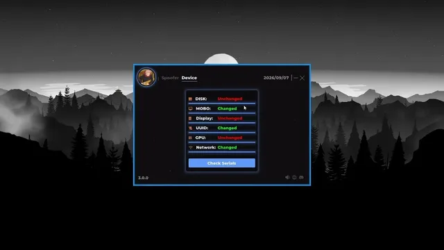 Operator portal serial screen with disk, board, display, UUID, GPU, and network rows marked changed or unchanged beside a check-serials action.