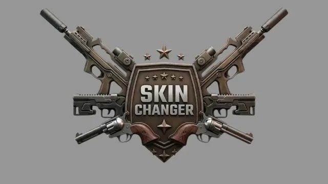 Skin Changer emblem: a metal shield reading Skin Changer, with crossed rifles, revolvers and stars.